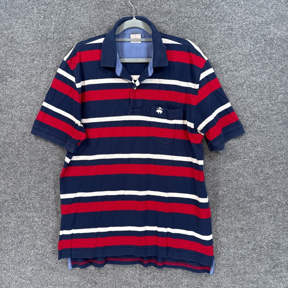 Brooks Brothers Polo Shirt Mens Medium Blue Red White Striped Pocket Pique Rugby